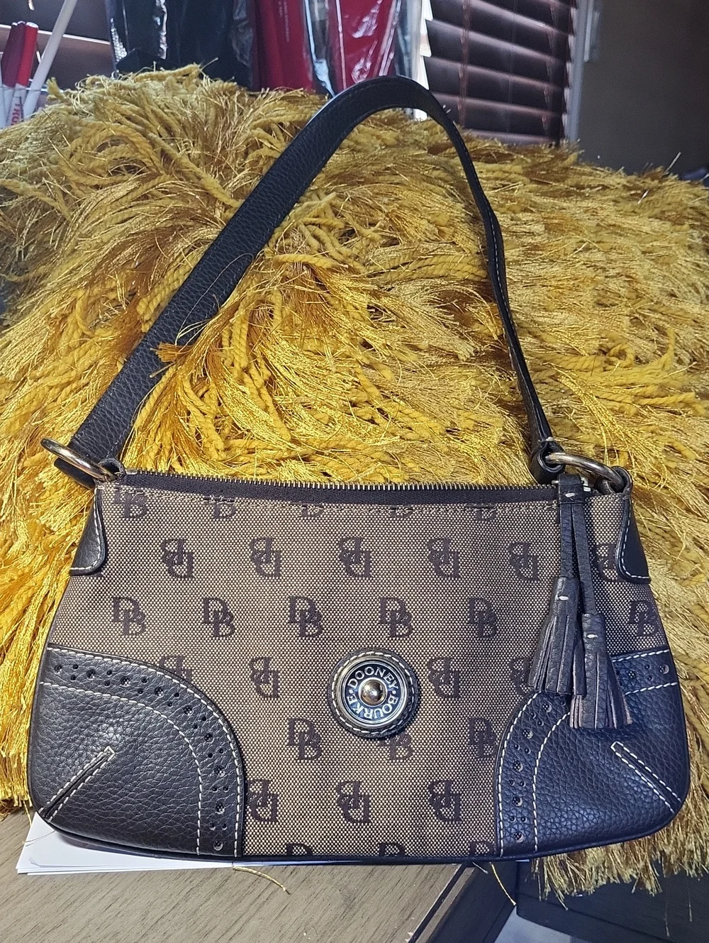 Dooney & Bourke Brown Logo Canvas Shoulder Bag with Dark Leather Trim